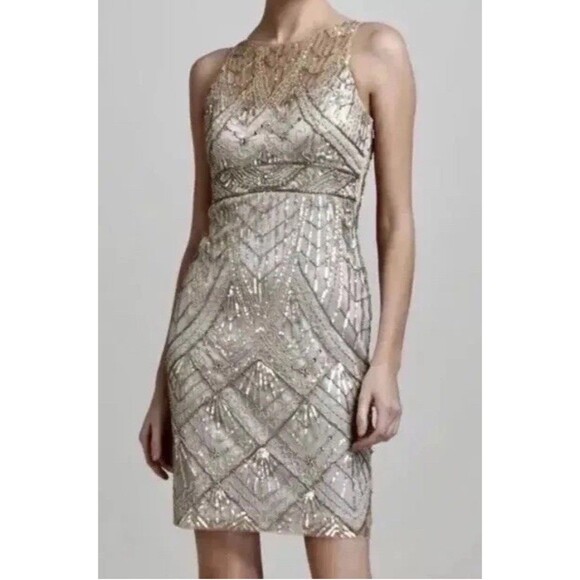 SUE WONG 10 Champagne Silver Beaded Sequin Bridal Formal Cocktail Evening Dress - Picture 3 of 16